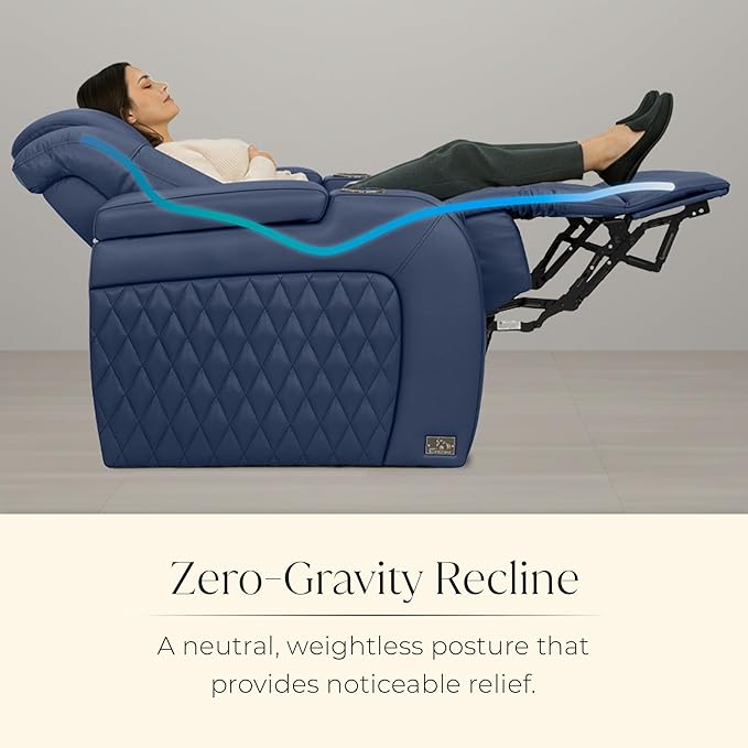 Seatcraft Diamante Zero-Gravity CoolZero Italian Leather Home Theater Seating, Power Headrest, Power Recline, Row of 2, Navy Blue