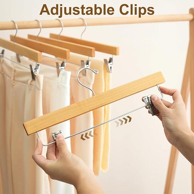 BAGAIL 10 Pack Wooden Pants Hangers with Adjustable Clips, 360°Swivel Hook Space Saving Skirt Holders with Anti-Rust Clips for Trousers, Jeans, Shorts (Natural)