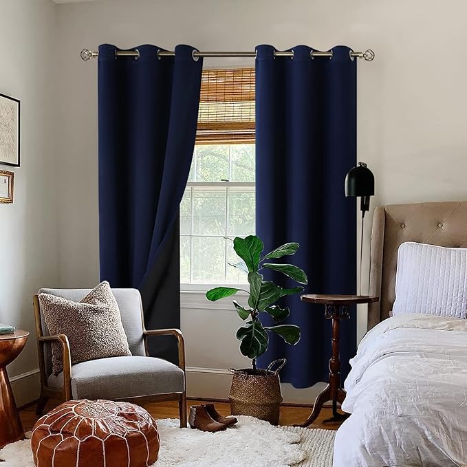 BGment Thermal Insulated 100% Blackout Curtains for Bedroom with Black Liner, Double Layer Full Room Darkening Noise Reducing Grommet Curtain (42 x 84 Inch, Navy Blue, 2 Panels)
