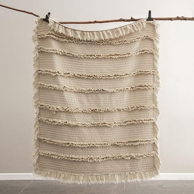 Ultra Soft Pre-Washed Quilted Boho Beige Twin Size Blankets for Bed, Ruffle Fringed Decorative Throw, Stone Washed Chic Rustic Blanket for Sofa Couch Bed, 60"*80"
