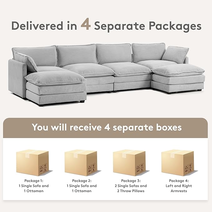 ROWHY 148'' Sectional Cloud Couch with 2 Ottomans, Oversized 4 Seat Sleeper Sofa with 2 Throw Pillows, Convertible Upholstered U Shaped Cozy Sofa Furniture Set for Living Room and Office, Light Grey