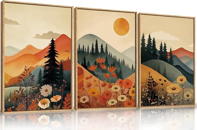 LHIUEM Large Boho Mountain Sunset Framed Canvas Wall Art Set, Pine Tree Flowers Wall Decor, Nature Landscape Forest Artwork for Living Room,Bedroom,Dining Room,Office -24"x36"x3