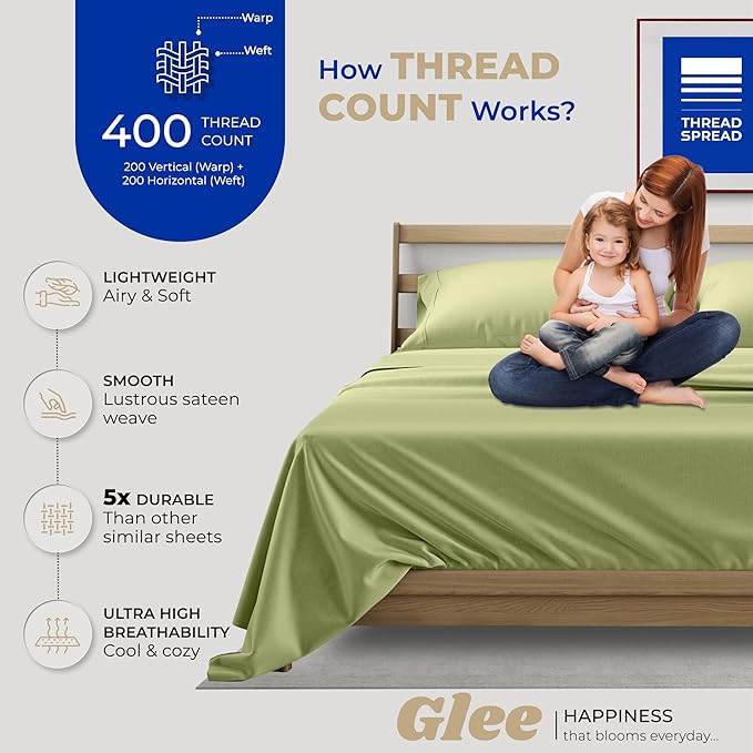 THREAD SPREAD California King Sheet Sets Cotton - 400 Thread Count 100% Cotton Cal King Sheets Set, 4 PC (Sage Green), Luxury Soft, Cooling, Breathable 16" Deep Pocket Sateen Weave Hotel Bedsheets