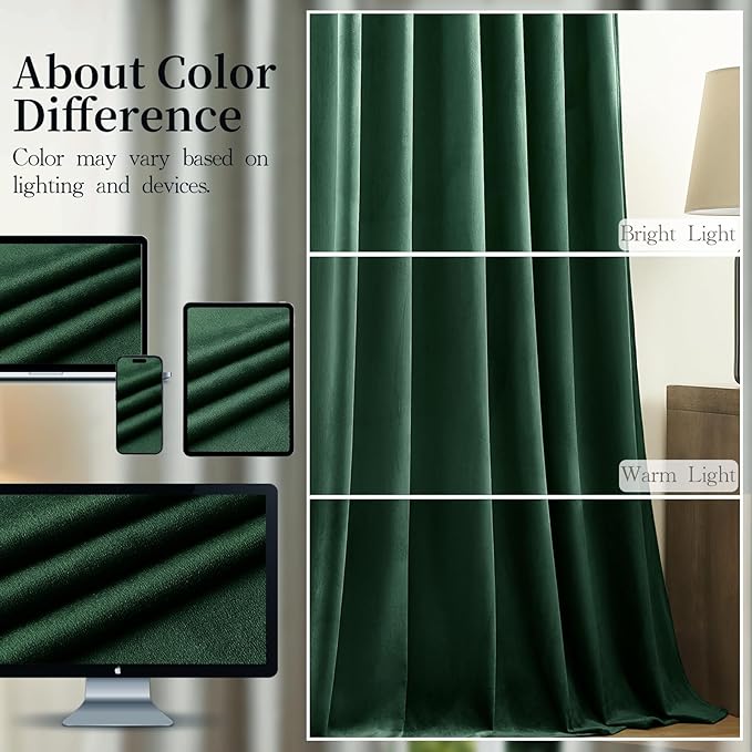 Velvet Curtains 108 Inches Long for Bedroom, Luxury Room Darkening Thermal Insulated Blackout Curtains Luxury Window Drapes for Living Room, Back Tab Rod Pocket, Dark Green, W52 x L108, 2 Panels