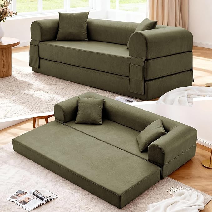 Convertible Folding Sofa Bed,78.5 Inch Faux Leather Futon Couch with Pillows & Storage Pocket,5-in-1 Queen Sleeper Sofa in a Box with Pull Out Bed,Boneless Couch for Living Room Bedroom,Green