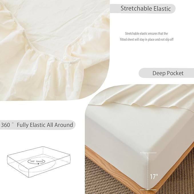 MooMee Fitted Bottom Sheet Only 100% Washed Cotton Linen Like Textured Breathable Durable Soft Comfy Deep Pocket Fits Mattress up to 17" (Cream White, Queen)