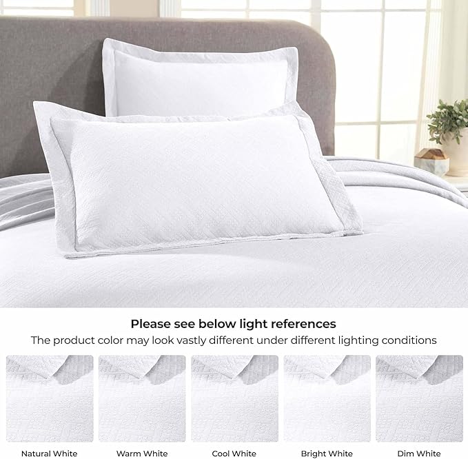 Superior 100% Cotton Basket Weave Bedspread with Shams, All-Season Premium Cotton Matelasse Jacquard Bedding, Quilted-Look Geometric Basket, Full, White
