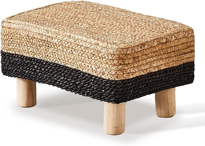 Wimarsbon Natural Seagrass Footstool Ottoman Rectangular Footrest Pouf Ottomans with Wooden Legs Hand Weave Step Stool for Living Room Bedroom Entryway Black