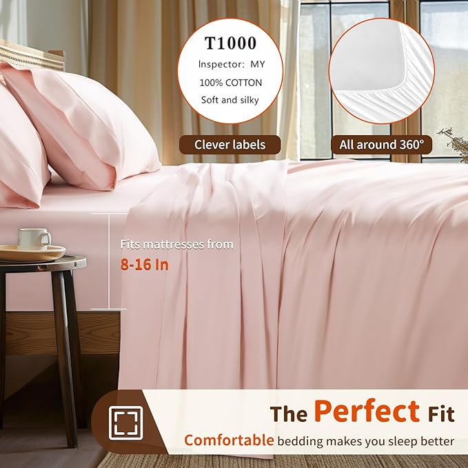 LBRO2M 1000 Thread Count 100% Egyptian Cotton Sheets Set Twin XL, 3 Piece Sets Bed Sheet Deep Pocket Sheet Set 16" Soft Comfortable All Season (Twin XL, Pink)