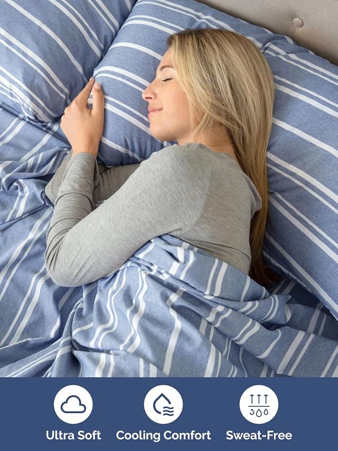 Extra Deep Twin XL Sheet Set - 4 Piece Breathable and Cooling Sheets - Hotel Luxury Bed Sheets Set - Easy Fit - Soft, Wrinkle Free and Comfy Sheets Set - Blue Striped Sheet Set with Extra Deep Pockets