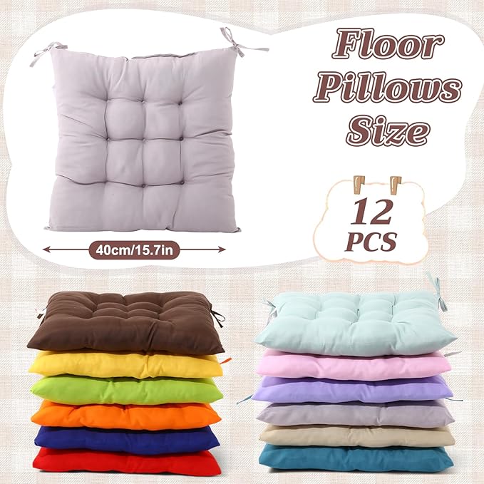 Geetery 12 Pcs Floor Pillows for Classroom Bulk Square Seating Cushions for Floor Chair School Kindergarten Reading Corner, 15.7'' Large Thick Meditation Cushions Yoga Nursery Daycare (Multicolor)