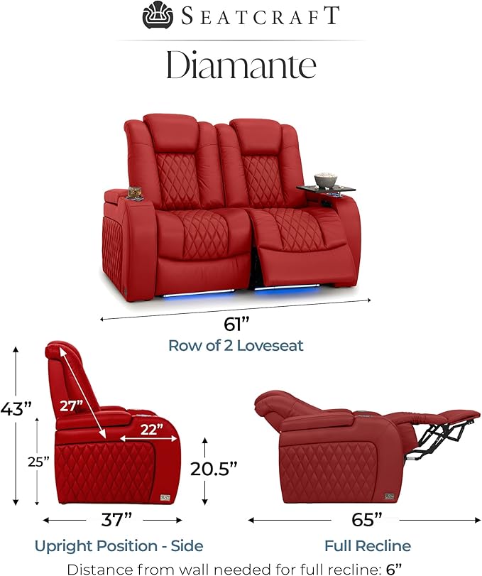 Seatcraft Diamante Zero-Gravity CoolZero Italian Leather Home Theater Seating, Power Headrest, Power Recline, Row of 2 Loveseat, Red