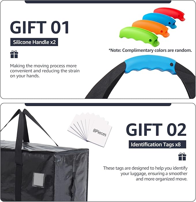 Moving Bags Heavy Duty Extra Large, Moving Boxes, Moving Supplies Essentials, Blue Storage Bins with Lids, Plastic Packing Totes, Storage Bags for Clothes with Handles & Zippers(Black, 8 Pack)