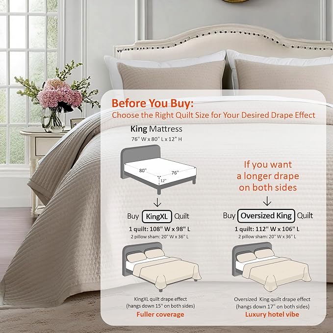 KASENTEX King XL Quilt Set 108"x98" – Soft Washed 3-Layer Lightweight Bedspread, Minimalist Nordic Design, All-Season Spring & Summer Quilt Set (1 Quilt + 2 Pillow Shams),Light Taupe