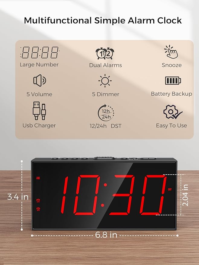 PPLEE Alarm Clock for Bedroom, Large Number Digital Clock with Dimmer for Living Room, Dual Alarms Easy to Read clock for Seniors, Electric Bedside Desk Clock with USB Charger, Digital Red LED Display