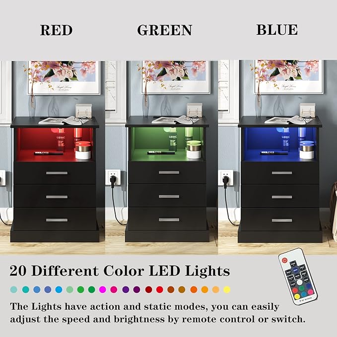 Halitaa Black LED Nightstand with Charging Station, Side Table with 3 Drawers and Light, End Table with Open Storage, Beside Cabinet for Bedroom (Black)