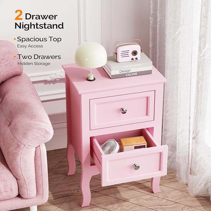 Bonnlo Nightstand Set of 2, Nightstands with 2 Drawers, Bed Side Table/Night Stand, Pink Nightstand, Small Nightstand for Bedroom, College Dorm, Kids’ Room, Living Room, Wood, 16W x 12D x 24H