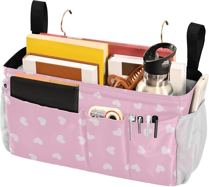 Bedside Caddy Hanging Bunk Bed Caddy Bed Organizer Hanging Pocket with 2 Hooks Bedside Storage Organizer Pocket Bag Holder Heart Pink