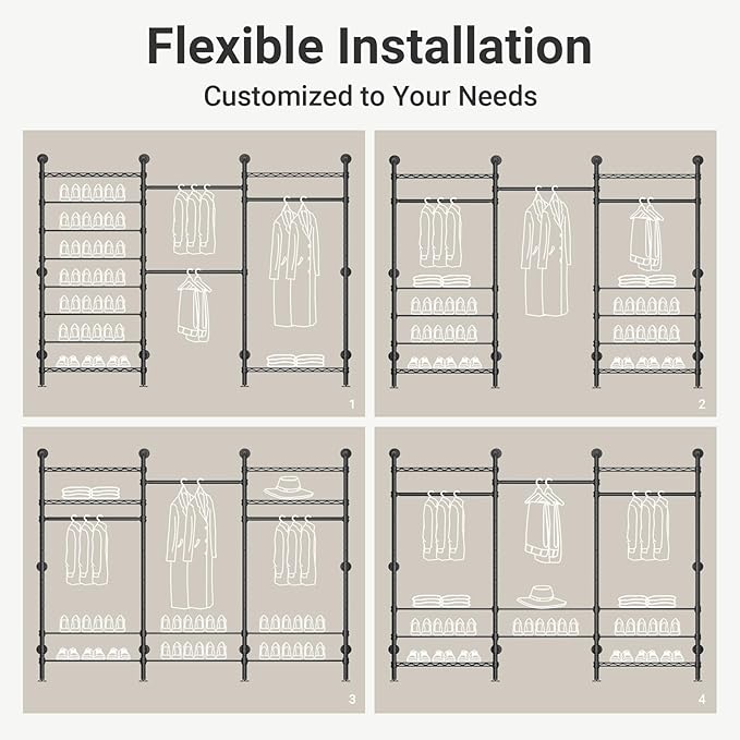 Timate S3 Wall Mounted Clothes Rack for Hanging Clothes Adjustable Width from 6'2" to 7'2", Expandable Freestanding Heavy Duty Hanging Garment Rack with 8-Tier Shoe Rack, Max Load 1050LBS, Black