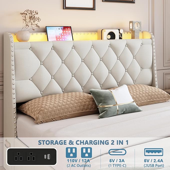 Full Size Bed Frame with 4 Drawers and Storage Headboard, Upholstered Tufted Wingback Bed Frame with LED Lights and Charging Station, No Box Spring Needed, Easy Assembly, Noise Free, Beige