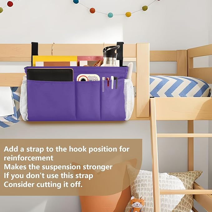 KOPIRIT Dark Purple Bedside Caddy Storage Bag Bedside Organizer for Bunk Bed Headboards College Bedside Shelf Hanging Organizer 6 Pockets with Hooks for Magazine Water Bottle Holder