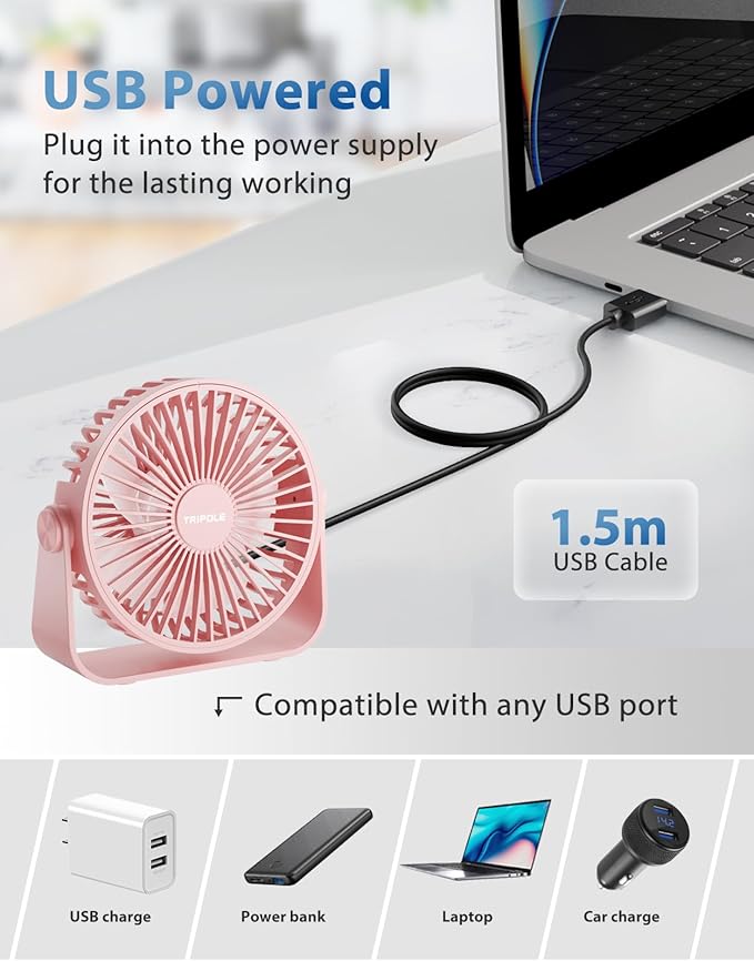 TriPole USB Desk Fan Portable Mini Fan Powerful 3 Speeds Wind Personal Desktop Fan with 360° Head Rotation for Home Office Car Indoor Outdoor Pink, No Battery, 4.5 Inches