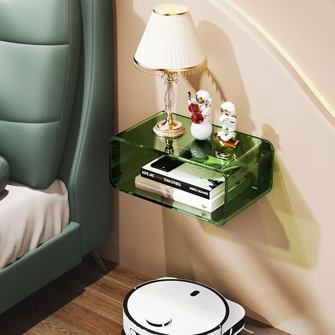Acrylic Floating Nightstand, Bedside Table, Nightstand Shelf Wall Mounted Bedside Shelf (Green, Small)