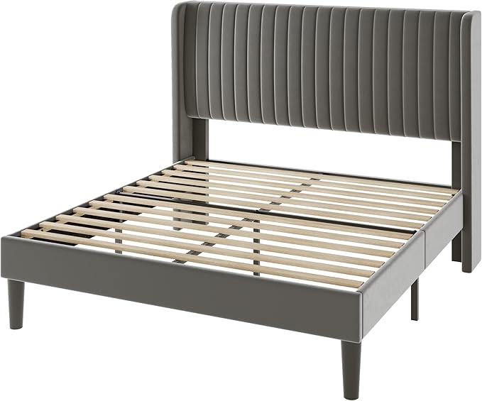 Allewie Full Size Velvet Bed Frame/Vertical Channel Tufted Wingback Headboard/Upholstered Platform Bed/Strong Wooden Slats/No Box Spring Needed/Easy Assembly/Grey