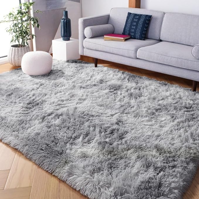 PAGISOFE Abstract Shaggy Machine Washable Area Rug 4' x 6' Plush Soft Fluffy Fuzzy Furry Carpet for Living Room, Home Decor Aesthetic Tie-Dyed Light Grey Bedside Rugs, Nursery Grils Boys Kids Room