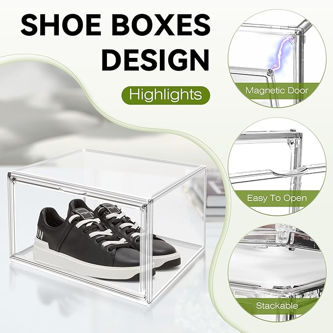 1 Pack Clear Stackable Plastic Shoe Storage Box with Magnetic Acrylic Door Size 12.5 Sneaker Display Case Transparent Closet Organizers and Storage, Easy Assembly