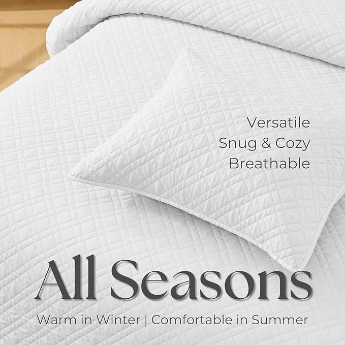 Queen Quilt Set with Shams Lightweight Quilted Bedspread Coverlet Thin Comforter Bed Cover Vintage Washed Quilted Blanket for All Season, Brushed Microfiber Diamond Stitching, White, 88"x92"