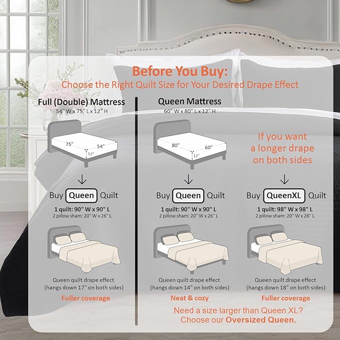 KASENTEX Queen Quilt Set 90"x90" – Soft Washed 3-Layer Lightweight Bedspread, Minimalist Nordic Design, All-Season Spring & Summer Quilt Set (1 Quilt + 2 Pillow Shams), Jet Black