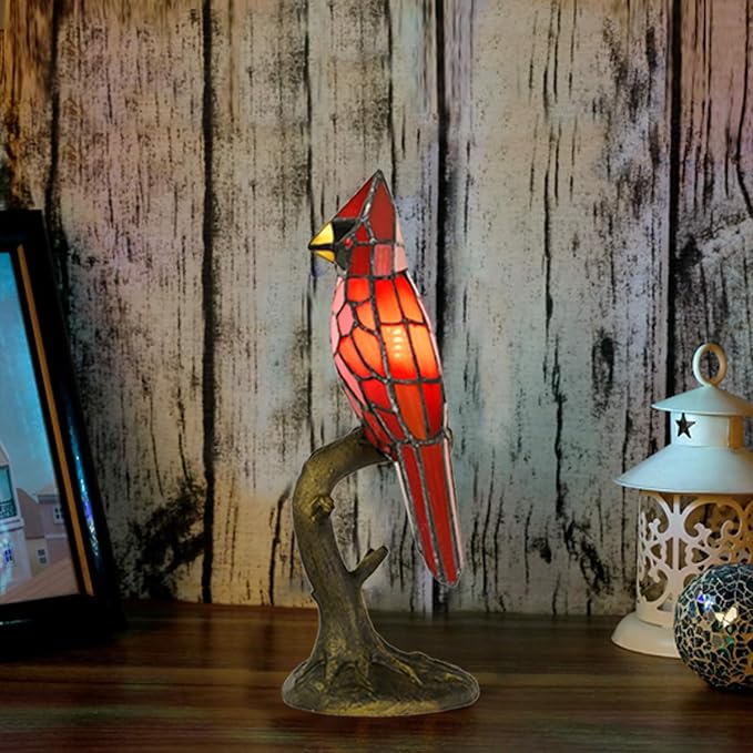 Cardinal Tiffany Style Accent Table Lamp in Height 14.5" Overall, Handmade Stained Glass Red Bird Lamp for Bedside Livingroom Bedroom Home Decoration (Red Cardinal)