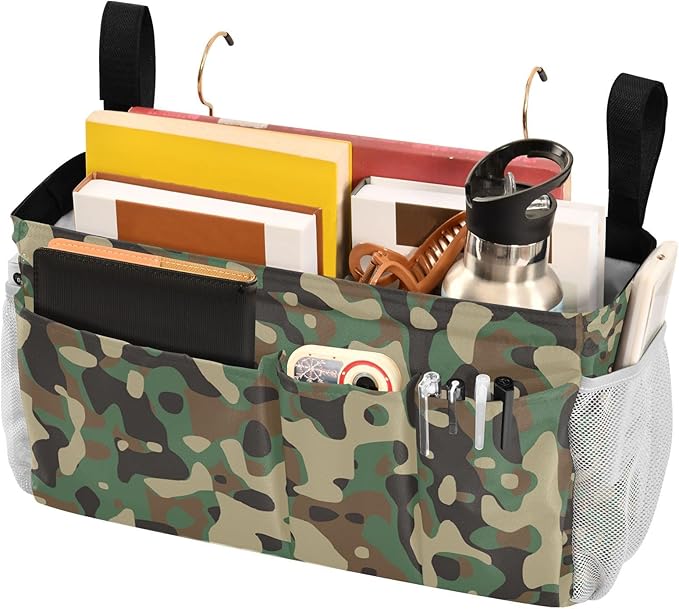 Bedside Caddy Hanging Bunk Bed Caddy Bed Organizer Hanging Pocket with 2 Hooks Bedside Storage Organizer Pocket Bag Holder Camouflage Green