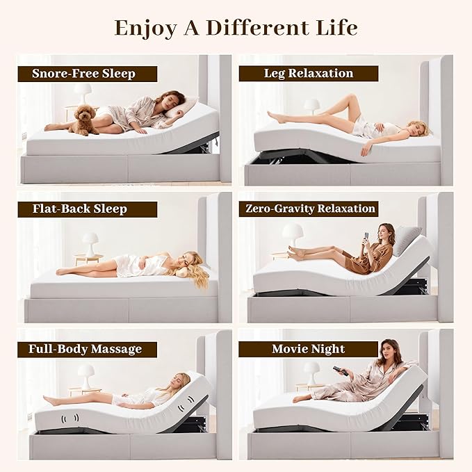 Queen All-in-One Adjustable Bed Frame with Upholstered Wingback Headboard, Head and Foot Incline, Zero Gravity, Massage, App and Wireless Remote, No-Noise, Minimalist, Textured Ivory Canvas