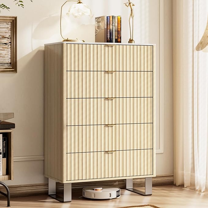 Fluted 5 Drawers Dresser, 48" H Modern Country Storage Dressers with Brushed Metal Handles, Wood Storage Organizers for Bedroom, Living Room, Hallway, Beige