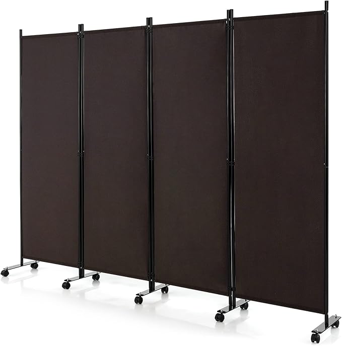 GOFLAME 4 Panel Folding Room Divider, 6FT Rolling Privacy Screen with Lockable Wheels, Portable Room Partition Screen, Freestanding Wall Divider and Separator for Home Office, Brown