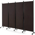 GOFLAME 4 Panel Folding Room Divider, 6FT Rolling Privacy Screen with Lockable Wheels, Portable Room Partition Screen, Freestanding Wall Divider and Separator for Home Office, Brown