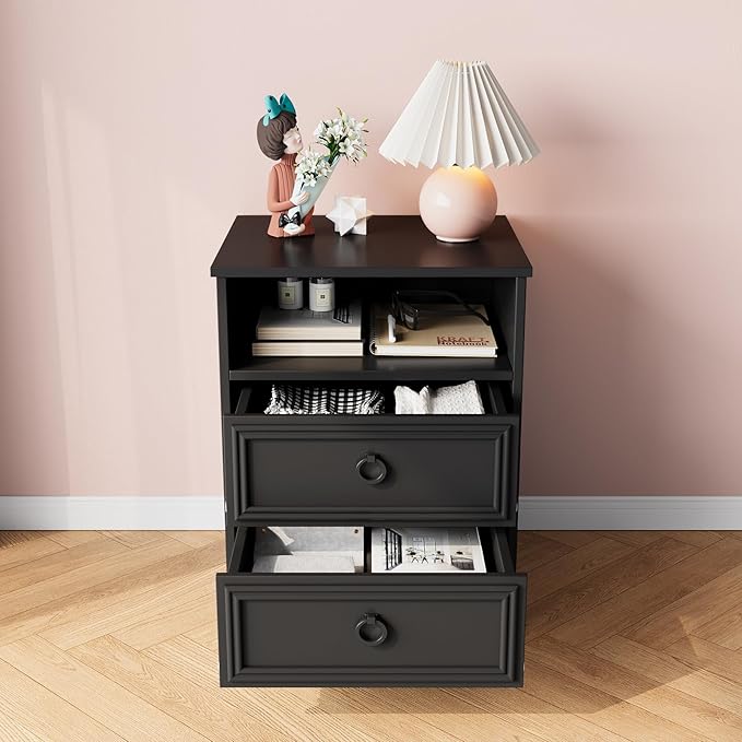 Set of 2 Large Night Stand with Drawers, 17.7" W Nightstand with 2 Drawers, Accent Bed Side Table and End Table with Large Open Storage for Bedroom, Living Room,Black