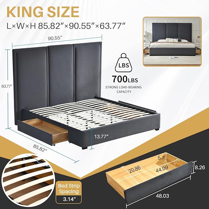YUHUASHI King Size Bed Frame with 64-inch High Headboard, Simple and Airy Linen Upholstered Platform Bed with Storage Drawers, Wood Slat, No Noise (Grey, King (U.S. Standard))