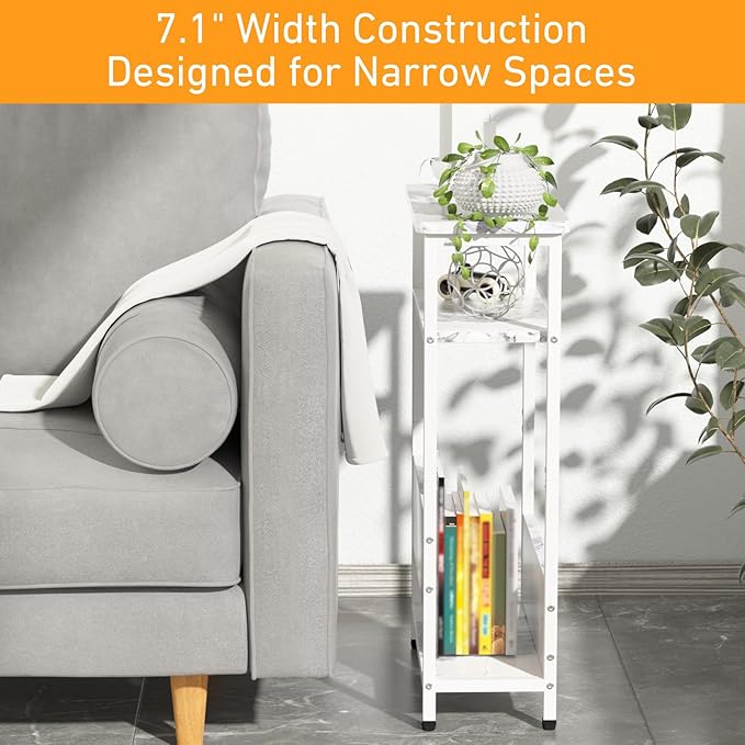 THUMEYE 7.1" Narrow Side Table for Small Spaces, 3 Tier Small End Table with Magazine Holder, Slim/Skinny Nightstand/Bedside Table, 15.4" L x 24.2" H, Faux White Marble with White Legs