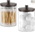 TIPGO Glass Qtip Holder Dispenser for Bathroom - 10 oz Clear Canister Apothecary Jar for Cotton Swabs, Balls, Pads, Floss Picks, Small Containers for Makeup Storage Organizer (2 Pack, Brown)