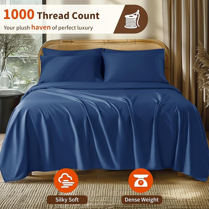 LBRO2M 1000 Thread Count 100% Egyptian Cotton Sheets Set 6 Piece Sets California King Bed Sheet Deep Pocket Sheet Set 16" Soft Comfortable All Season (California King, Navy Blue)