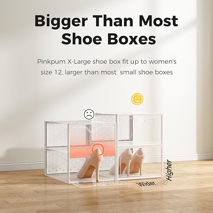 Pinkpum 15 Pack X-Large Shoe Storage Boxes Fit US Size 11, Shoe Organizer for Closet Clear Plastic Stackable Shoe Dispaly Case Holder Bins, Sneaker Storage for Sneakerheads White for Home and Family