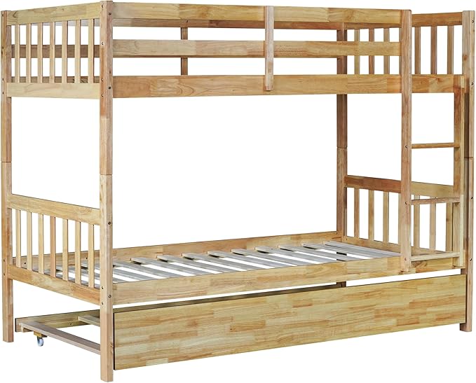 Bellemave Twin Over Twin Bunk Bed with Trundle,Convertible Bunk Beds with Ladder & Safety Guardrails,Twin Size Trundle Bunk Beds for Kids Girls Boys,Natural