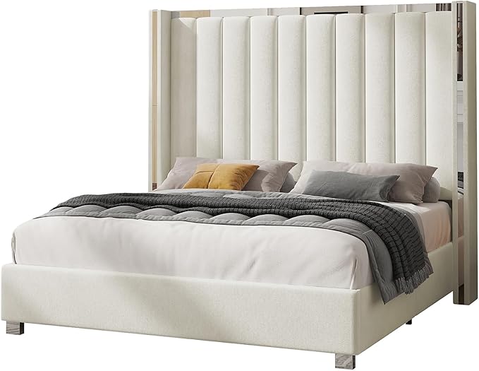 Jocisland King Size Bed Frame with 58" Tall Headboard, Platform Velvet Upholstered Bed with Channel Tufted Wingback Headboard and Plating Trim, No Box Spring Needed, Cream