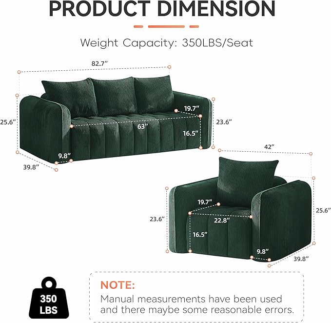 Corduroy Boneless Living Room Sets, Modern Upholstered 3 Seater Sofa with 2 Signle Accent Chairs, Comfy Deep Seat Cloud Sofa Couch Sets for Living Room, Green