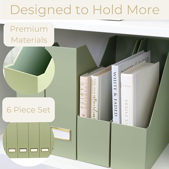 BLU MONACO | Set of 6 Foldable Magazine File Holders in Earth Green | Heavy-Duty Vertical File Organizers with Label Holders | Desk Organizer Set for Paperwork, Documents & Office Storage