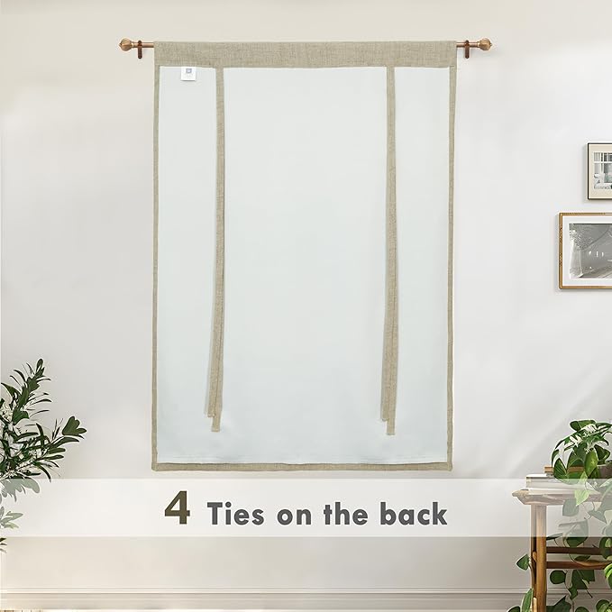 DriftAway Double Layer Linen Blackout Tie Up Curtains Thermal Insulated Fully Lined Balloon Roman Shade Bathroom Window Adjustable Rod Pocket for Small Window 39 Inch by 55 Inch Light Khaki Linen