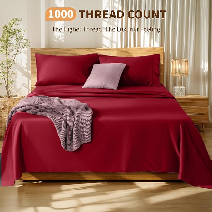 LBRO2M 100% Cotton Sheets Set Deep Pocket 19", 1000 Thread Count Full Size 4 Piece Bed Sheet Sets Soft Comfortable Bedding All Season (Full, Burgundy)
